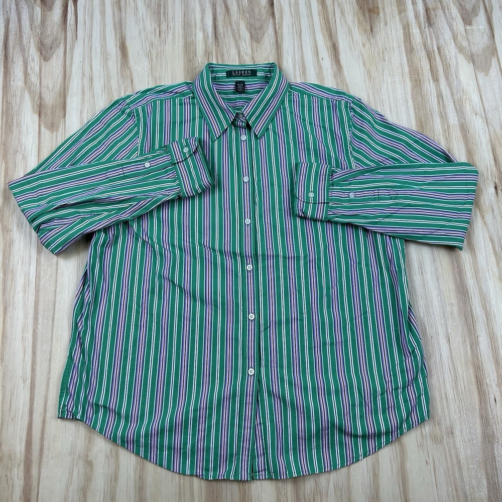 Vintage Lauren Ralph Lauren Women's XL Green Pink Stripe Long Sleeve Button Shir - Picture 2 of 9